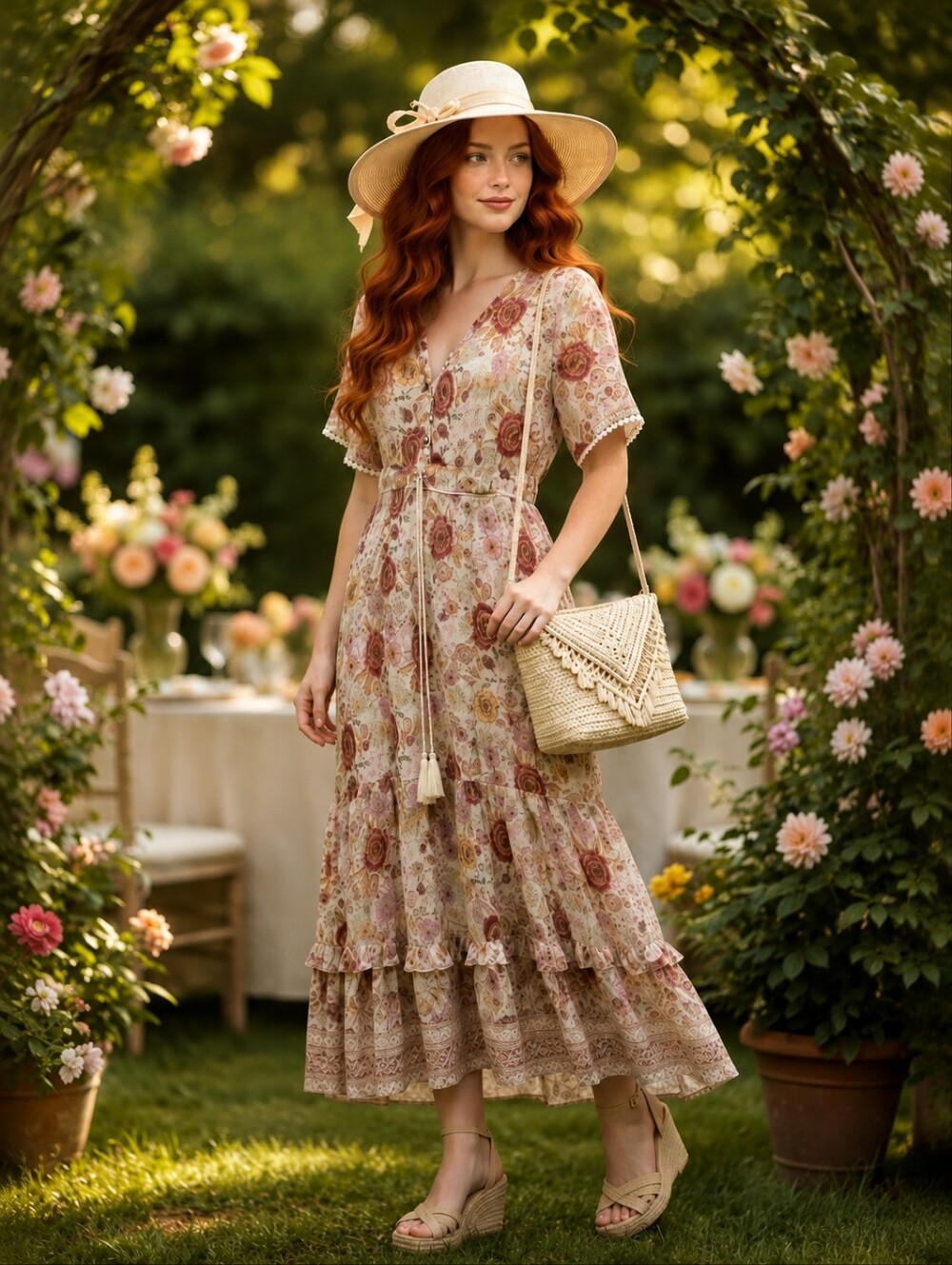 Floral Boho Maxi Dress Tiered Ruffle Cottagecore Vacation Resortwear Medium